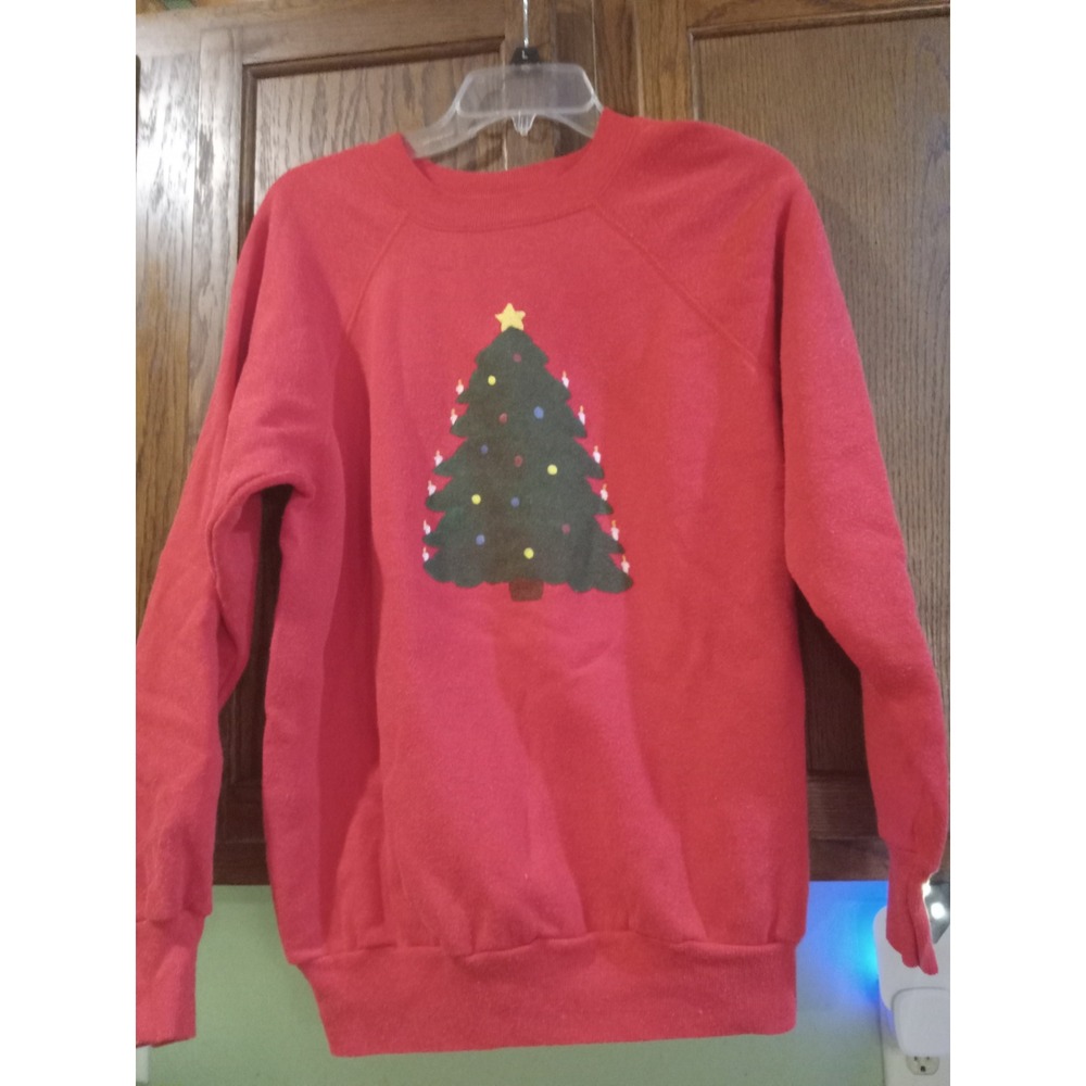 Vintage Pannill Christmas Tree Sweatshirt Red Raglan USA Made Large